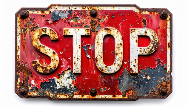 Weathered stop sign with rusty texture isolated on white