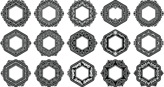 Elegant Collection of 15 Decorative Hexagonal Frames and Vintage Ornate Borders, Black and White Vector Illustrations for Luxury Invitations, Logo Design, Labels, and Graphic Projects.