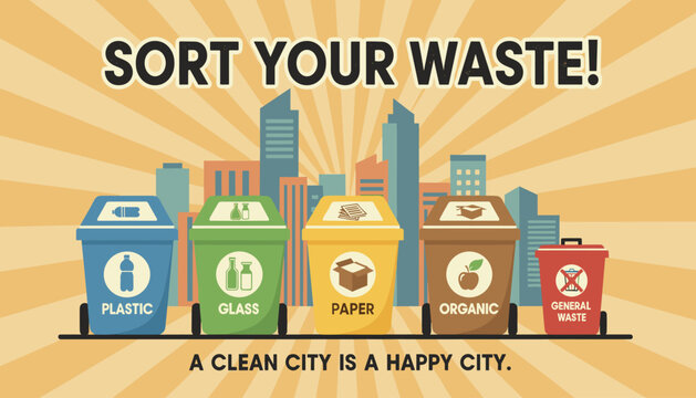 Informative waste sorting poster showing five color coded recycling bins in front of a modern city skyline.