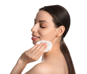 Skincare routine and facial cleansing, young woman removing makeup with cotton pad for healthy skin care and beauty wellness isolated on white background © Pixel-Shot