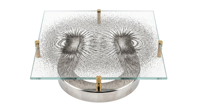 Magnetic Field Line Physics Experiment with Iron Filings, Horseshoe Magnet Science Equipment Isolated on White Background