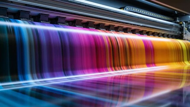 Large format printer in action printing vibrant colorful gradient pattern