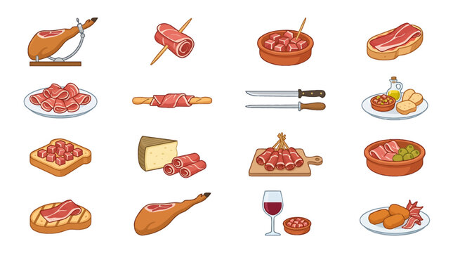 Traditional Spanish Iberico ham leg on a wooden stand icon, cured pork leg meat vector illustration isolated on white background, gourmet Mediterranean food element.
