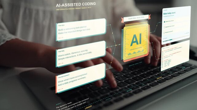 Work continues on a laptop. Conversational prototyping brings a task management idea into a software workspace, connecting human instructions with AI code generation and interface review.