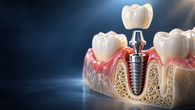 Dental implant with crown above jawbone and gum tissue, showing detailed bone structure and healthy teeth in medical concept image with soft lighting and blue background