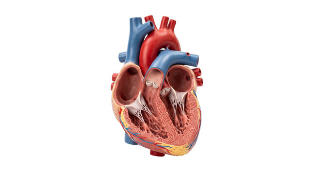 Anatomical human heart model cross section showing internal chambers and aorta, medical cardiology educational display isolated on white background
