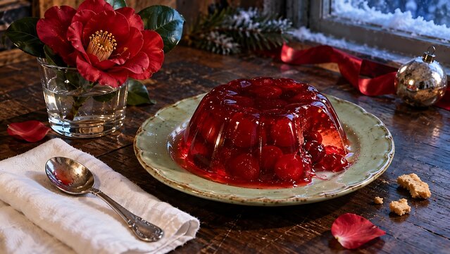 Translucent fruit jelly dessert in a winter holiday composition with seasonal decoration.
