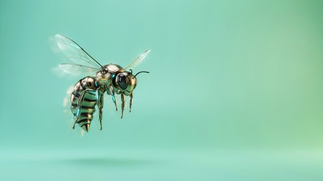 A futuristic metallic robot bee flying against a soft green gradient background