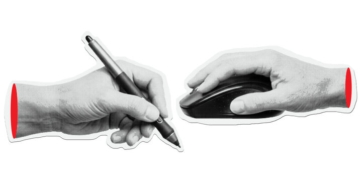 Halftone pop art hands sticker set using computer mouse and holding digital stylus pen