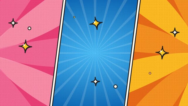 Vibrant comic book panels with glowing star animations and colorful rays