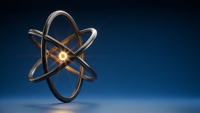 Abstract representation of an atom structure with metallic rings and a glowing central core on dark blue background