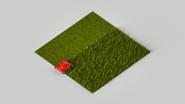 Robotic Lawn Mower Cutting Green Grass 3D render