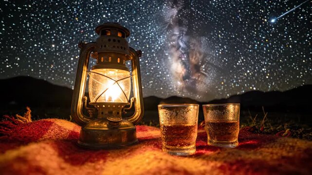Vintage lantern and drinks under a breathtaking starry night sky with the Milky Way.