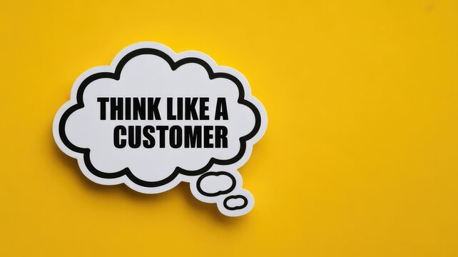 Speech bubble encouraging customer perspective on bright background with customer against yellow reads think customer yellow backdrop bubble text consideration encouragement minimalist