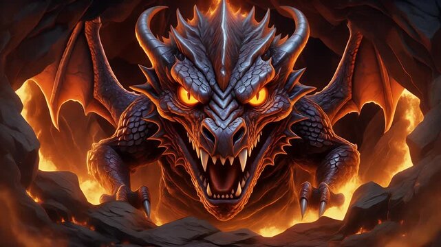 A majestic and formidable dragon with glowing orange eyes emerges from a shadowy cave, its powerful presence casting a fiery aura in a thrilling fantasy scene