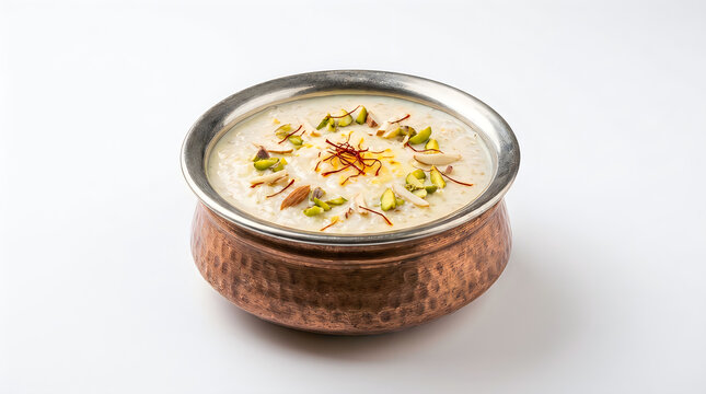 A delightful presentation of traditional indian kheer a creamy rice pudding garnished with pistachios and saffron threads