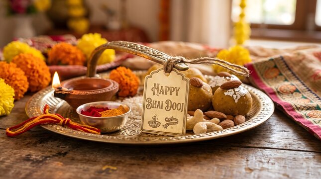 Traditional bhai dooj thali with diya sweets and marigold flowers for
