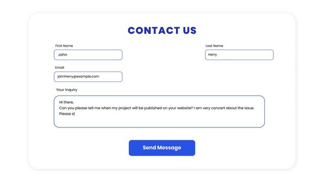 Website contact form being filled and submitted animation with input fields and success confirmation