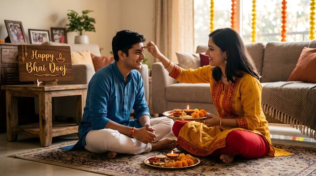 Indian sister applying tilak on brother forehead during bhai dooj