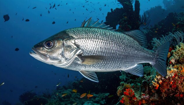 Asian sea bass showing silver scales and streamlined body