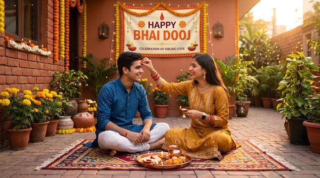 Indian sister applying tilak on brother forehead during bhai dooj