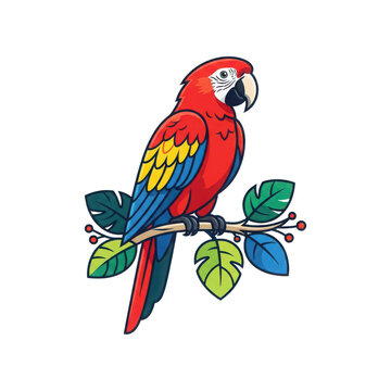 Colorful scarlet macaw parrot perched on a tropical branch isolated
