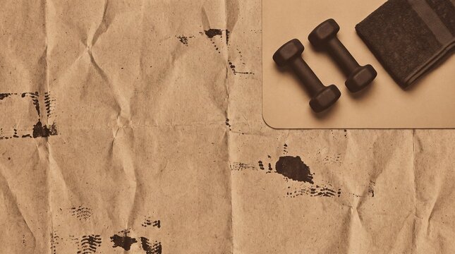 Fitness dumbbells and towel on a mat