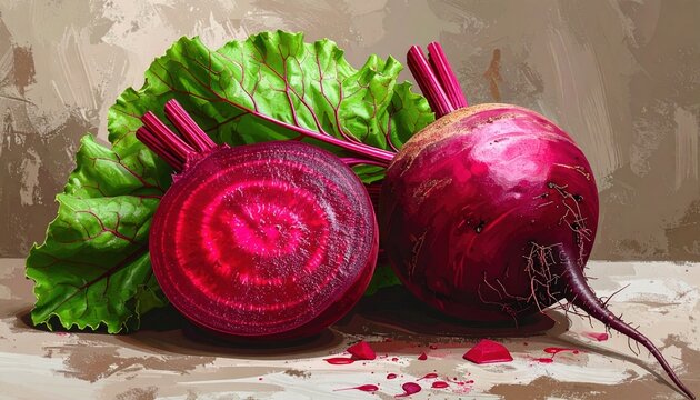 Fresh beetroot with green leaves and sliced interior isolated