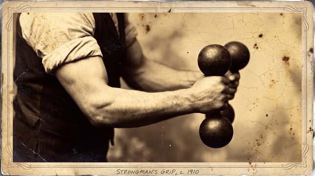 Strongman lifting vintage dumbbells with powerful grip