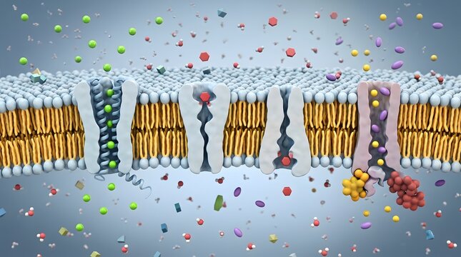 Cell membrane structure showing protein channels and ion transport