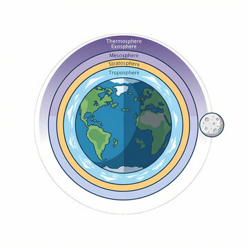 A diagram showing the layers of the Earth atmosphere with the moon.