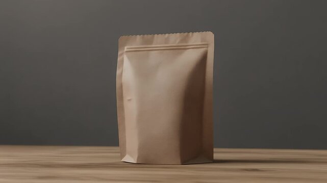 Blank brown kraft paper doypack pouch standing upright on a rustic wooden table with a dark grey background, ideal for packaging design mockups and branding