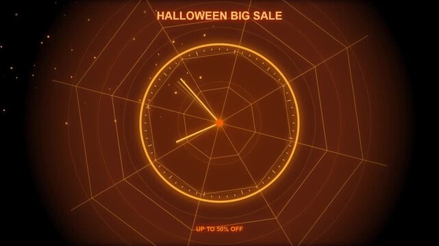 Halloween big sale video with glowing clock featuring a dynamic countdown and up to 50 percent off discount