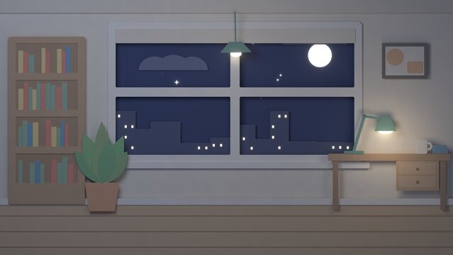 Paper Cut Office Room at Night with Moon City Lights in the Window and Glowing Desk Lamp for Overtime and Late Night Work
