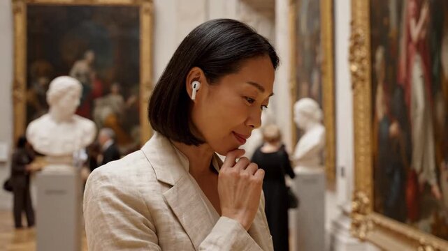 Engaged Asian woman with earbuds, thoughtfully appreciating art in a museum.