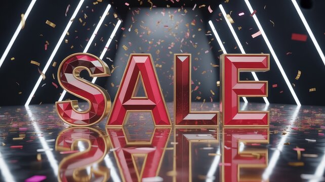 Large 3d sale text with confetti and shiny background in festive lighting display with boldly reflective gold dark glittery backdrop colors against dark stands out boldly celebration with red