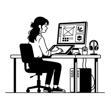 Female graphic designer working on computer at desk illustration
