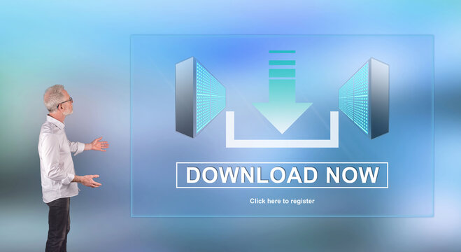 A download concept explained by a businessman on a wall screen
