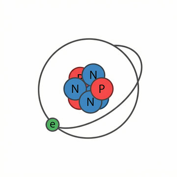 A simplified scientific illustration of an atom featuring a central nucleus and an orbiting electron.