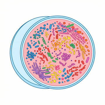A colorful petri dish filled with various types of bacteria and microorganisms.