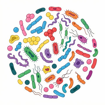 A colorful collection of various bacteria and microorganisms arranged in a circular pattern.