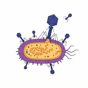 A detailed illustration of bacteriophage viruses attacking a single bacterial cell.