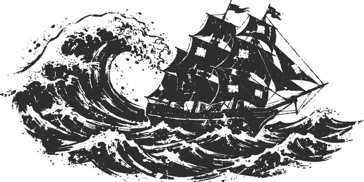 Vintage sailing ship battling a colossal ocean wave with dramatic dark stormy lighting and a distressed texture