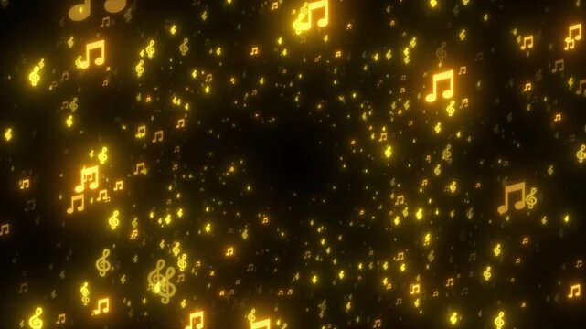 musical notes flying shiny gold on black animation, blur gold notas music and song play social media motion background
