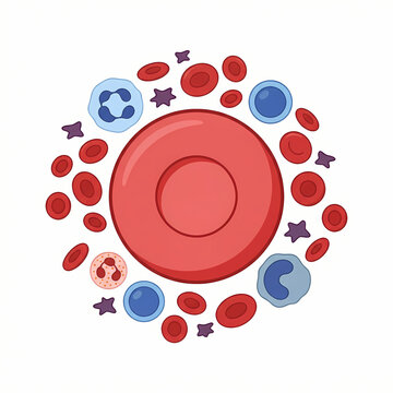 A detailed illustration of various human blood cells including erythrocytes leukocytes and platelets.
