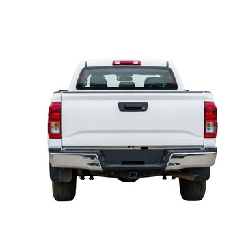 Rear view of a white pickup truck on a bright day isolated on transparent background