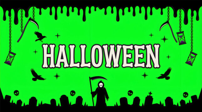 Spooky halloween scene featuring skeletons scythes and dark atmosphere with green background with halloween themed