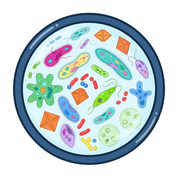 A colorful illustration of various microorganisms and bacteria viewed under a microscope.