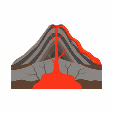 A cross section illustration of a stratovolcano showing magma chamber and lava flow.