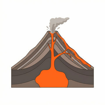Cross section diagram of an erupting stratovolcano showing magma chamber and lava flow.